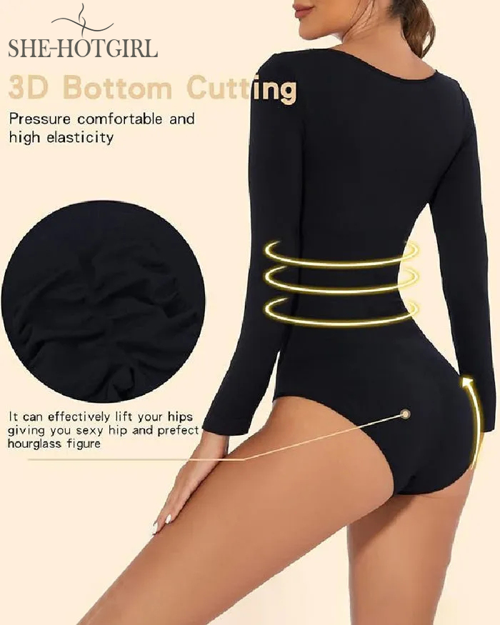 Seamless Round Neck Long Sleeve Corset Bodysuit Tops Stretch Triangle Body