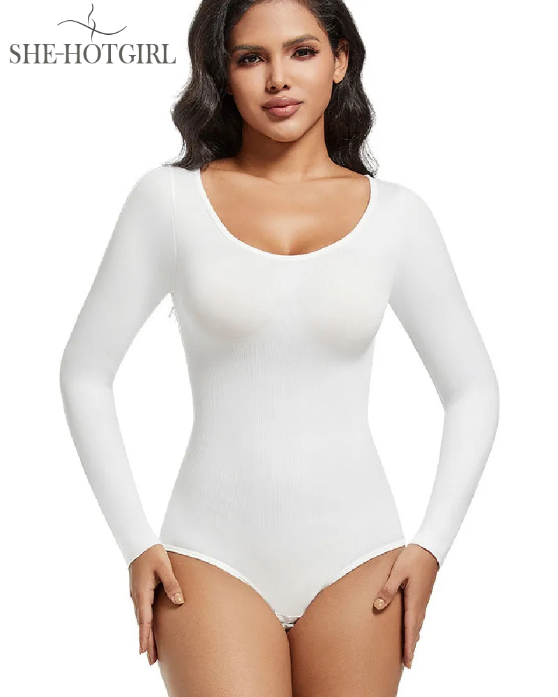 Seamless Round Neck Long Sleeve Corset Bodysuit Tops Stretch Triangle Body
