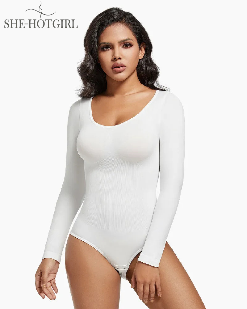 Seamless Round Neck Long Sleeve Corset Bodysuit Tops Stretch Triangle Body