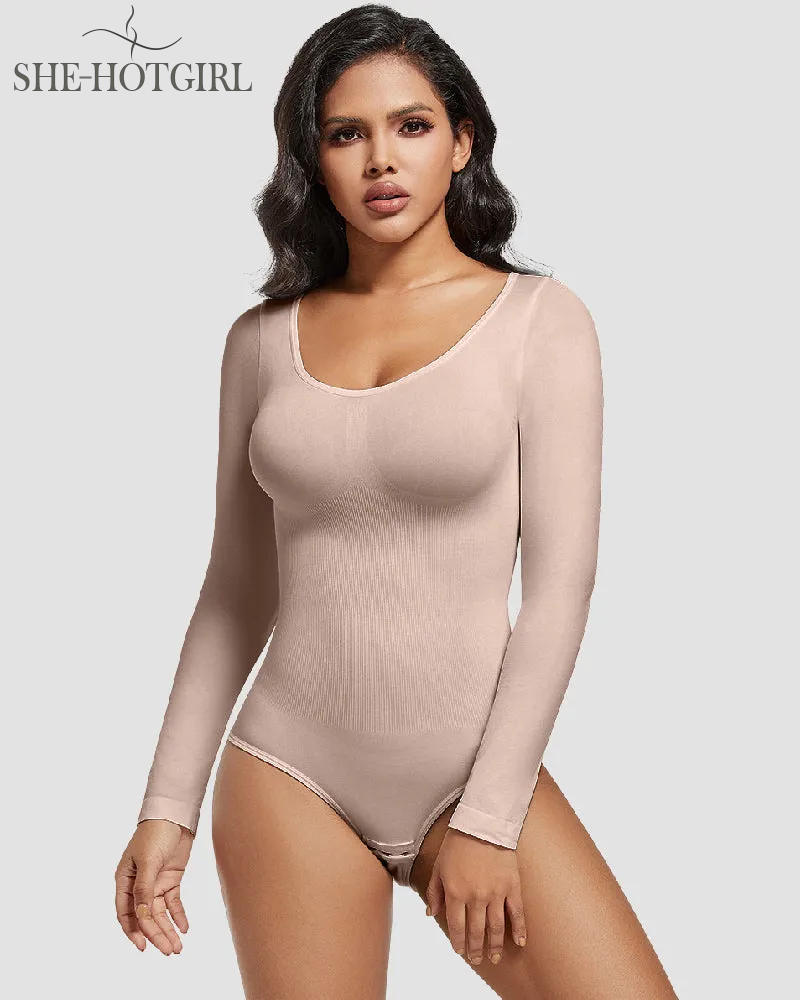 Seamless Round Neck Long Sleeve Corset Bodysuit Tops Stretch Triangle Body
