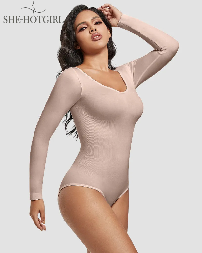 Seamless Round Neck Long Sleeve Corset Bodysuit Tops Stretch Triangle Body