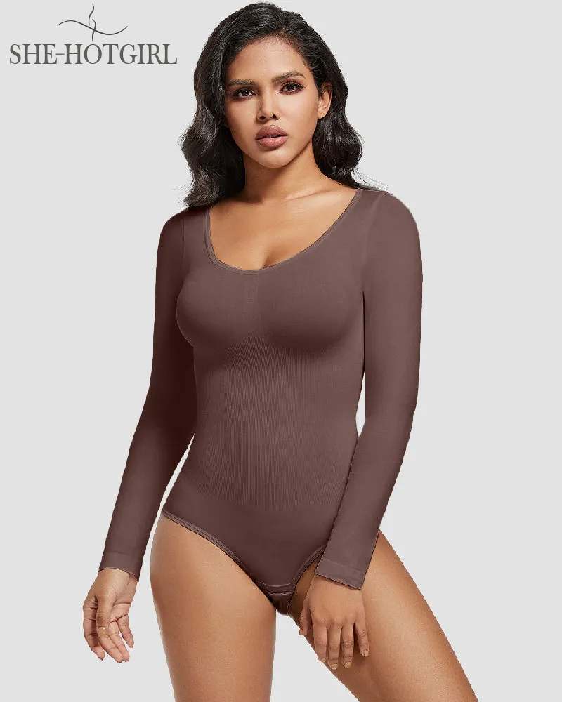 Seamless Round Neck Long Sleeve Corset Bodysuit Tops Stretch Triangle Body
