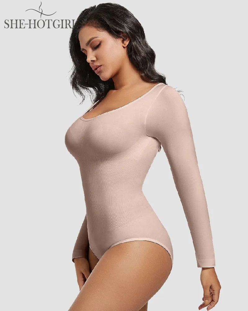 Seamless Round Neck Long Sleeve Corset Bodysuit Tops Stretch Triangle Body
