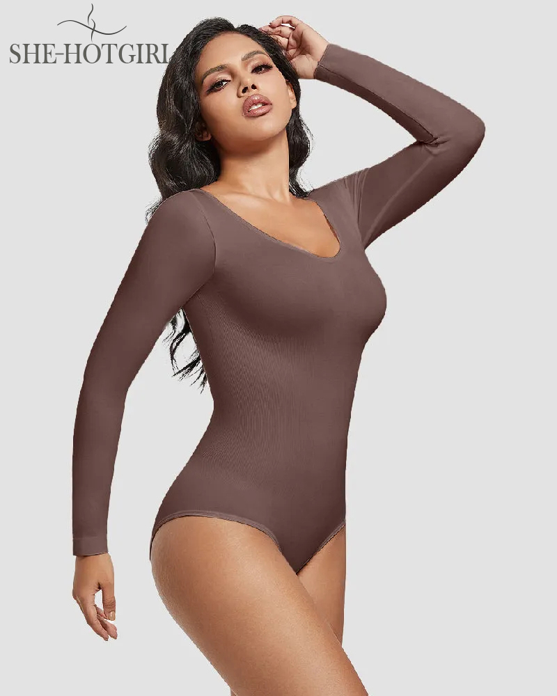 Seamless Round Neck Long Sleeve Corset Bodysuit Tops Stretch Triangle Body