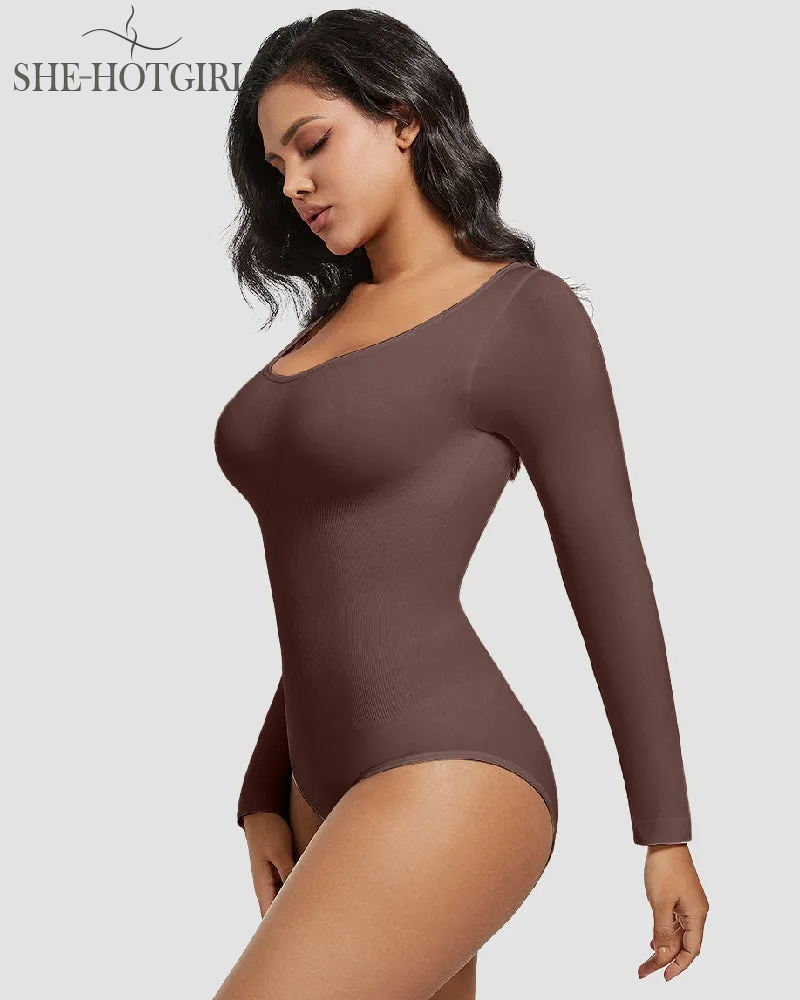 Seamless Round Neck Long Sleeve Corset Bodysuit Tops Stretch Triangle Body