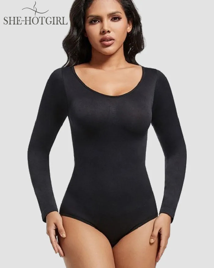 Seamless Round Neck Long Sleeve Corset Bodysuit Tops Stretch Triangle Body