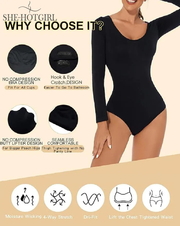 Seamless Round Neck Long Sleeve Corset Bodysuit Tops Stretch Triangle Body