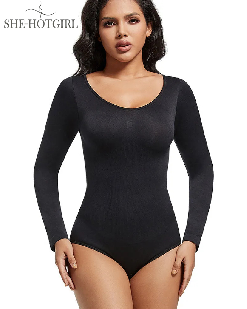 Seamless Round Neck Long Sleeve Corset Bodysuit Tops Stretch Triangle Body