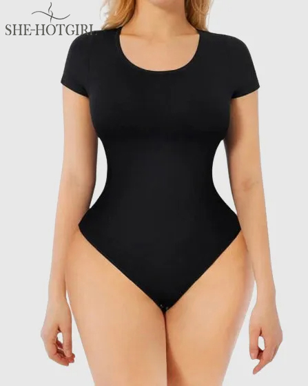Seamless Slimming Short Sleeve Thong Round Neck Bodysuit For Women