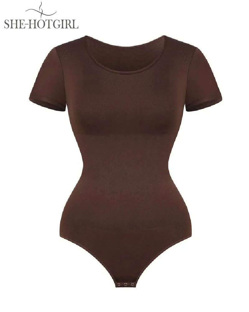 Seamless Slimming Short Sleeve Thong Round Neck Bodysuit For Women
