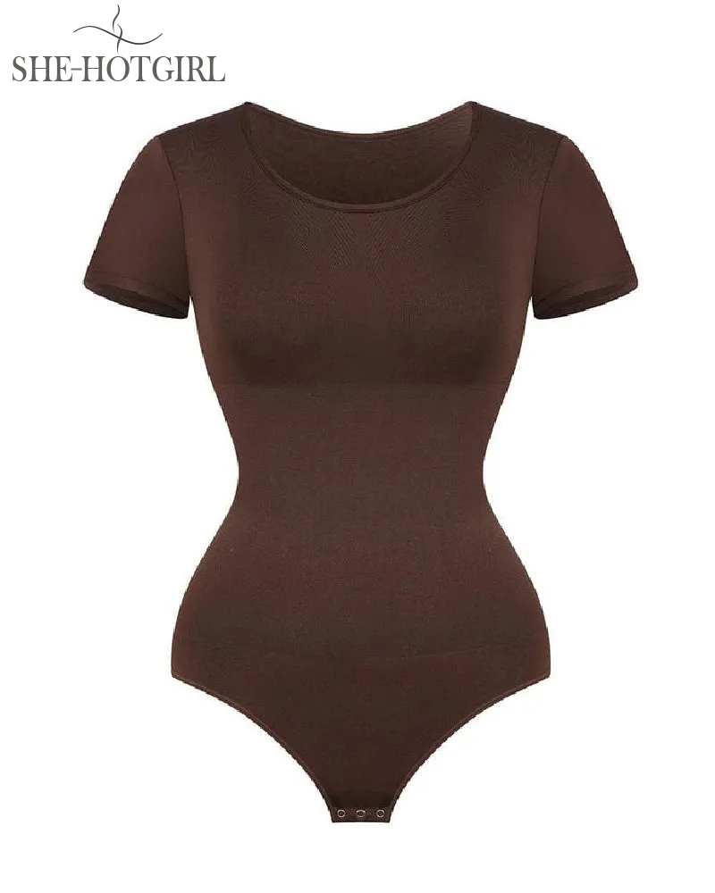 Seamless Slimming Short Sleeve Thong Round Neck Bodysuit For Women