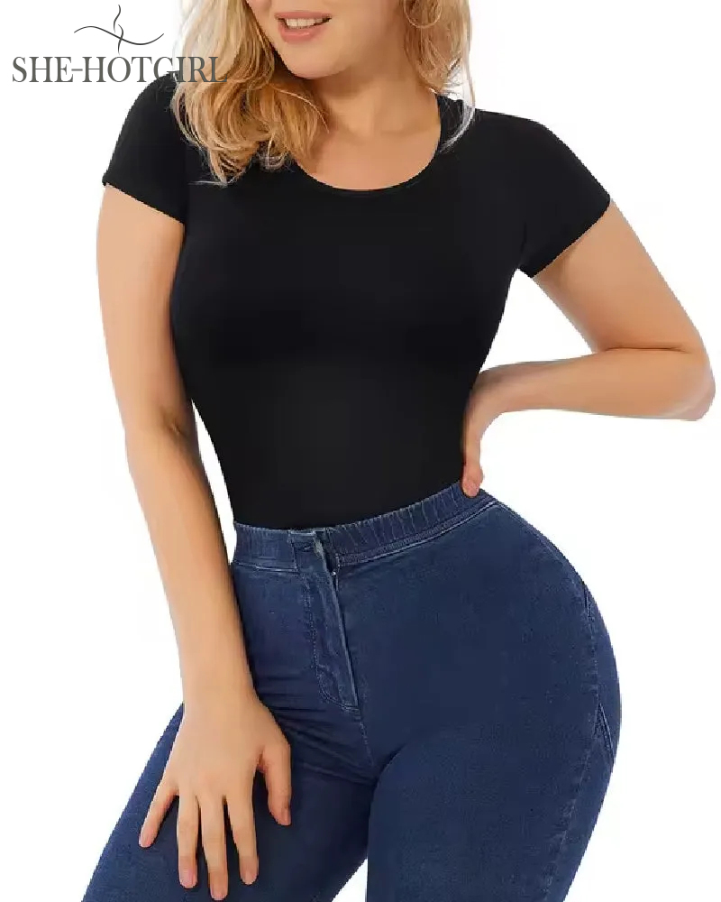 Seamless Slimming Short Sleeve Thong Round Neck Bodysuit For Women