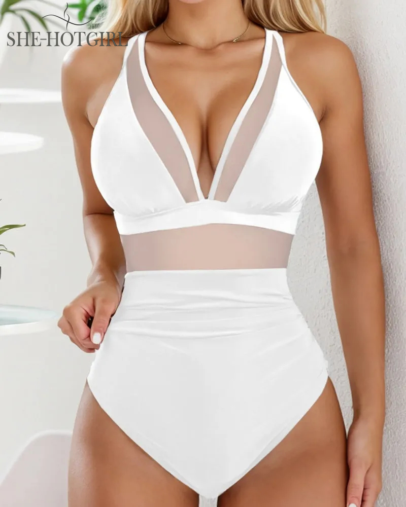 Sexy Backless One-Piece Shapewear Swimsuit Made of Mesh with Deep V Neck