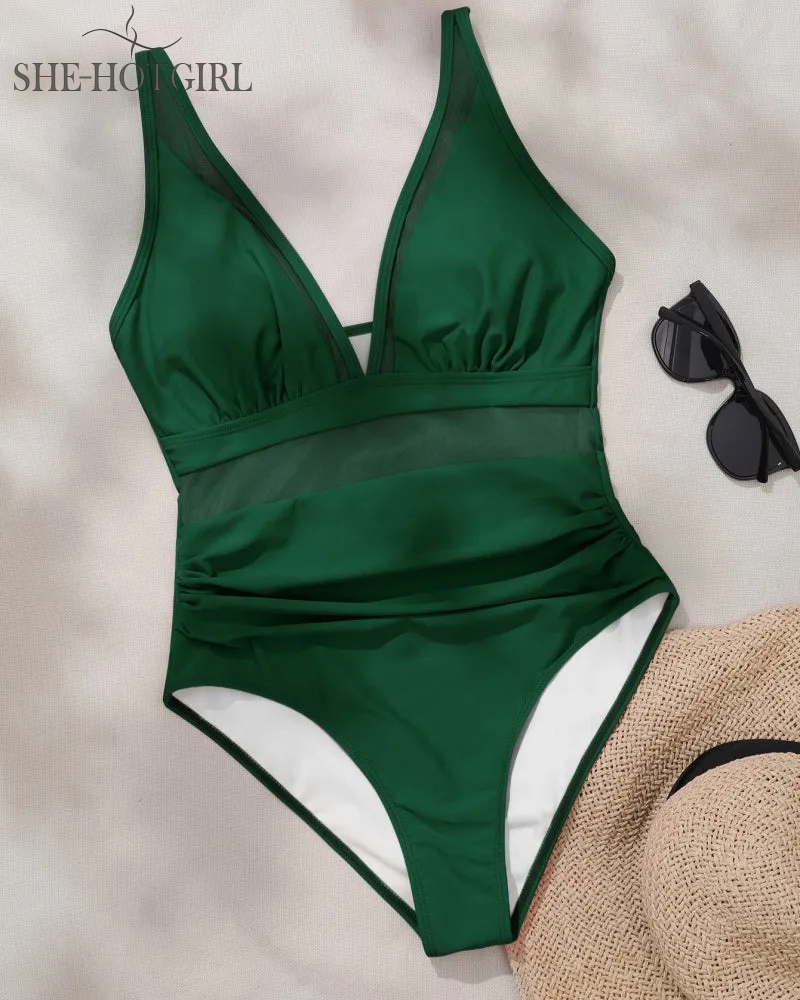 Sexy Backless One-Piece Shapewear Swimsuit Made of Mesh with Deep V Neck
