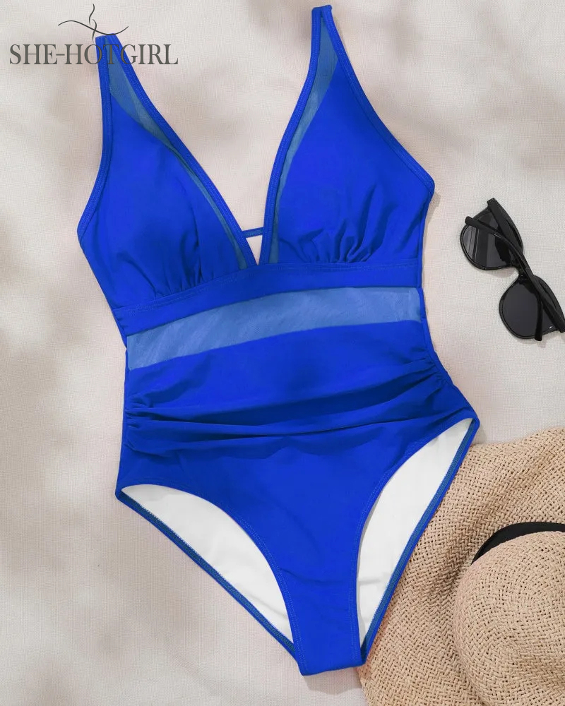 Sexy Backless One-Piece Shapewear Swimsuit Made of Mesh with Deep V Neck