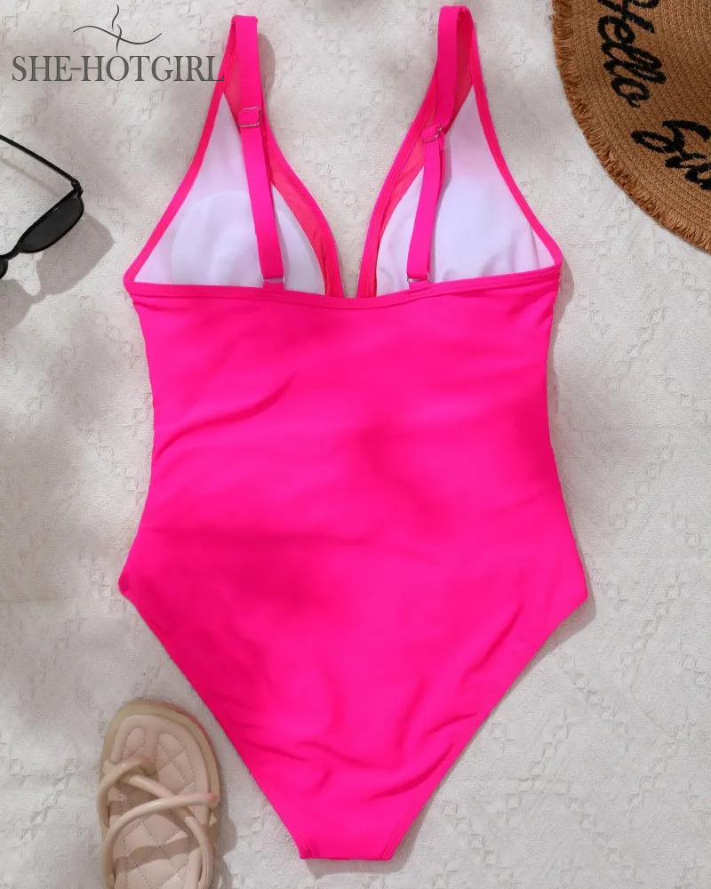Sexy Backless One-Piece Shapewear Swimsuit Made of Mesh with Deep V Neck