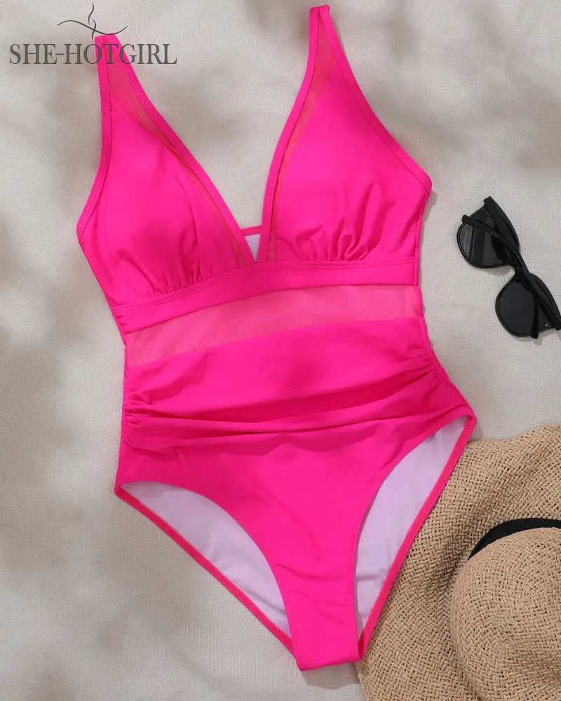 Sexy Backless One-Piece Shapewear Swimsuit Made of Mesh with Deep V Neck