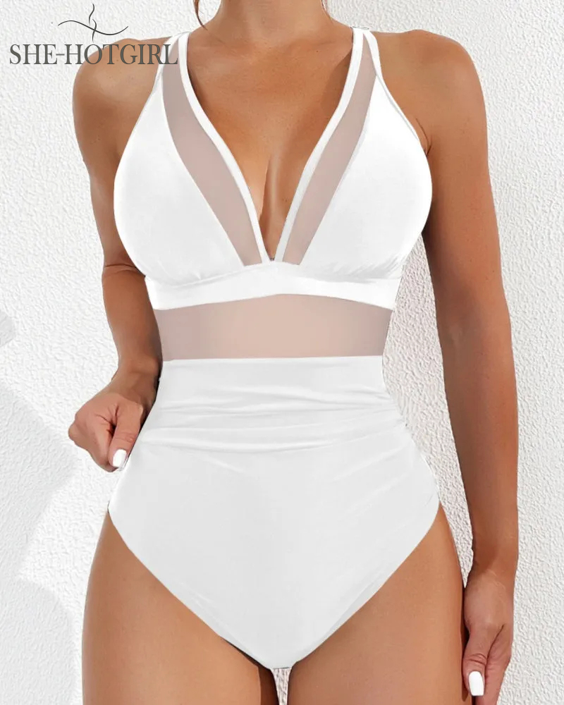 Sexy Backless One-Piece Shapewear Swimsuit Made of Mesh with Deep V Neck