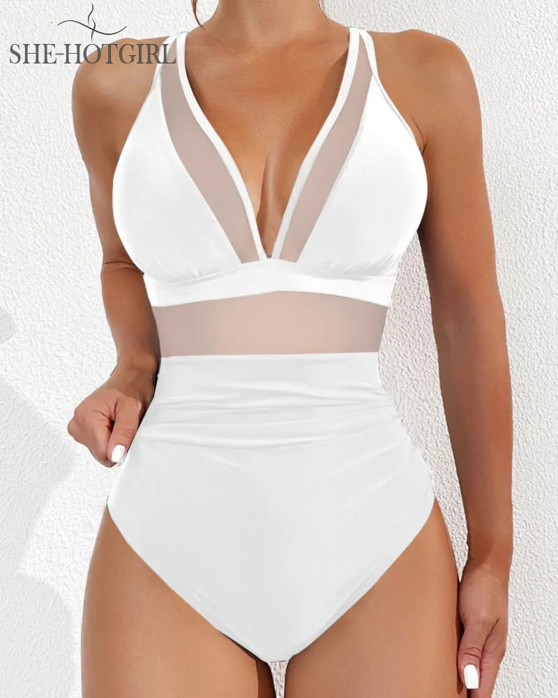 Sexy Backless One-Piece Shapewear Swimsuit Made of Mesh with Deep V Neck