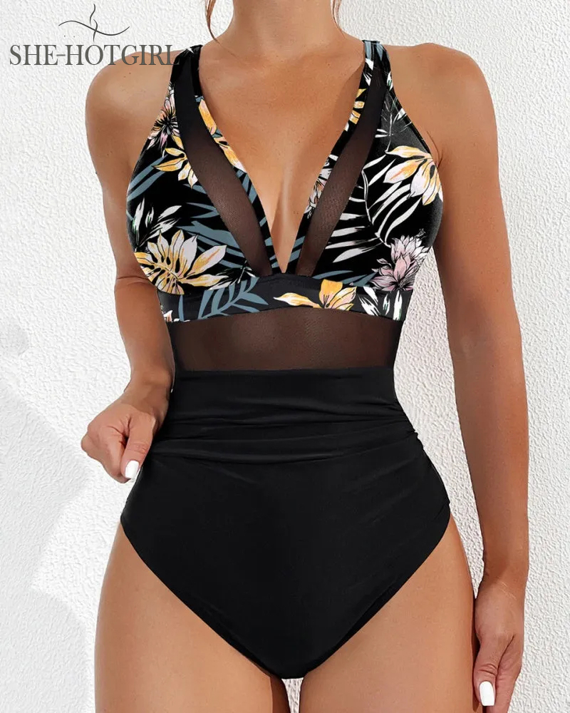Sexy Backless One-Piece Shapewear Swimsuit Made of Mesh with Deep V Neck