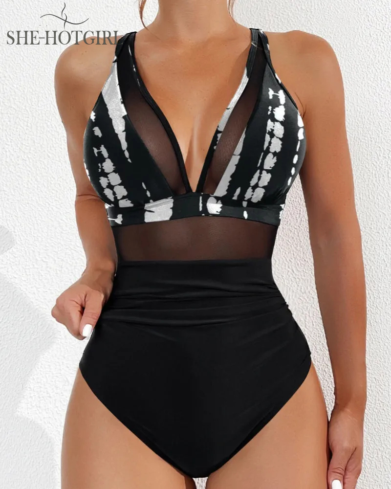 Sexy Backless One-Piece Shapewear Swimsuit Made of Mesh with Deep V Neck