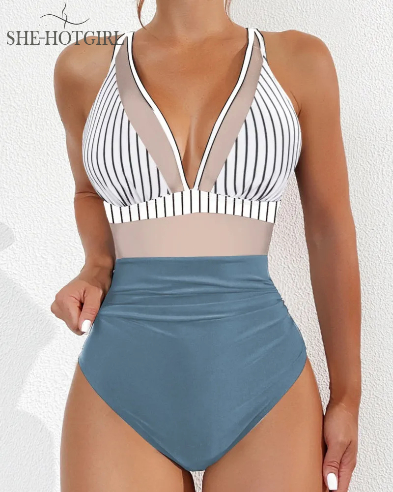 Sexy Backless One-Piece Shapewear Swimsuit Made of Mesh with Deep V Neck