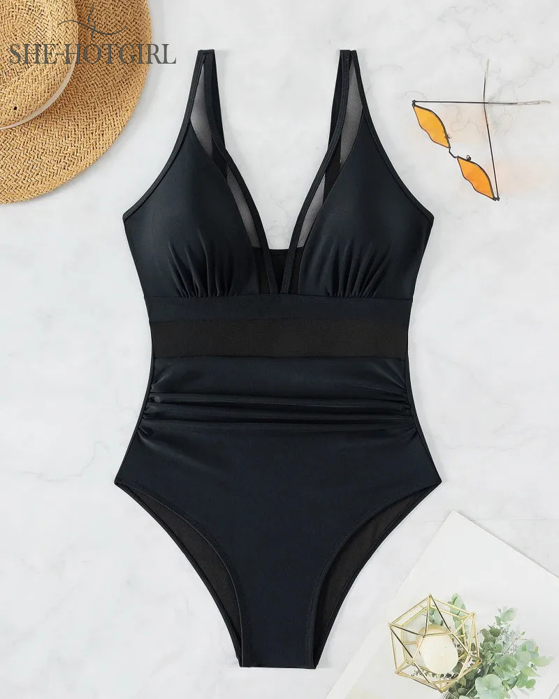 Sexy Backless One-Piece Shapewear Swimsuit Made of Mesh with Deep V Neck