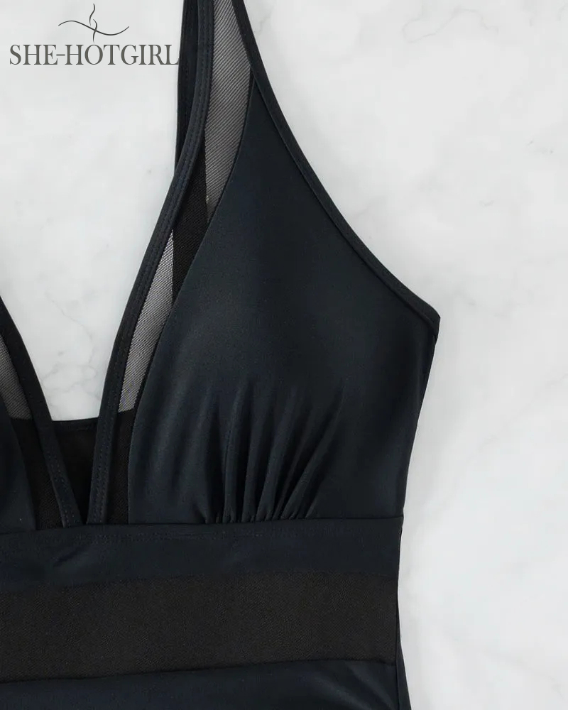 Sexy Backless One-Piece Shapewear Swimsuit Made of Mesh with Deep V Neck