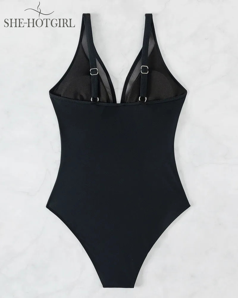 Sexy Backless One-Piece Shapewear Swimsuit Made of Mesh with Deep V Ne