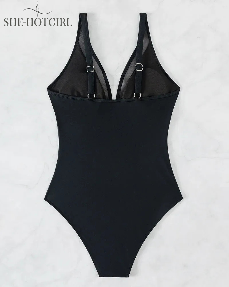 Sexy Backless One-Piece Shapewear Swimsuit Made of Mesh with Deep V Ne