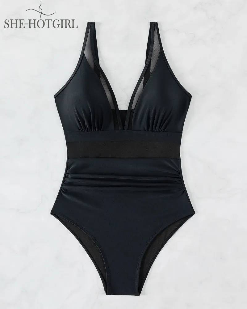 Sexy Backless One-Piece Shapewear Swimsuit Made of Mesh with Deep V Neck