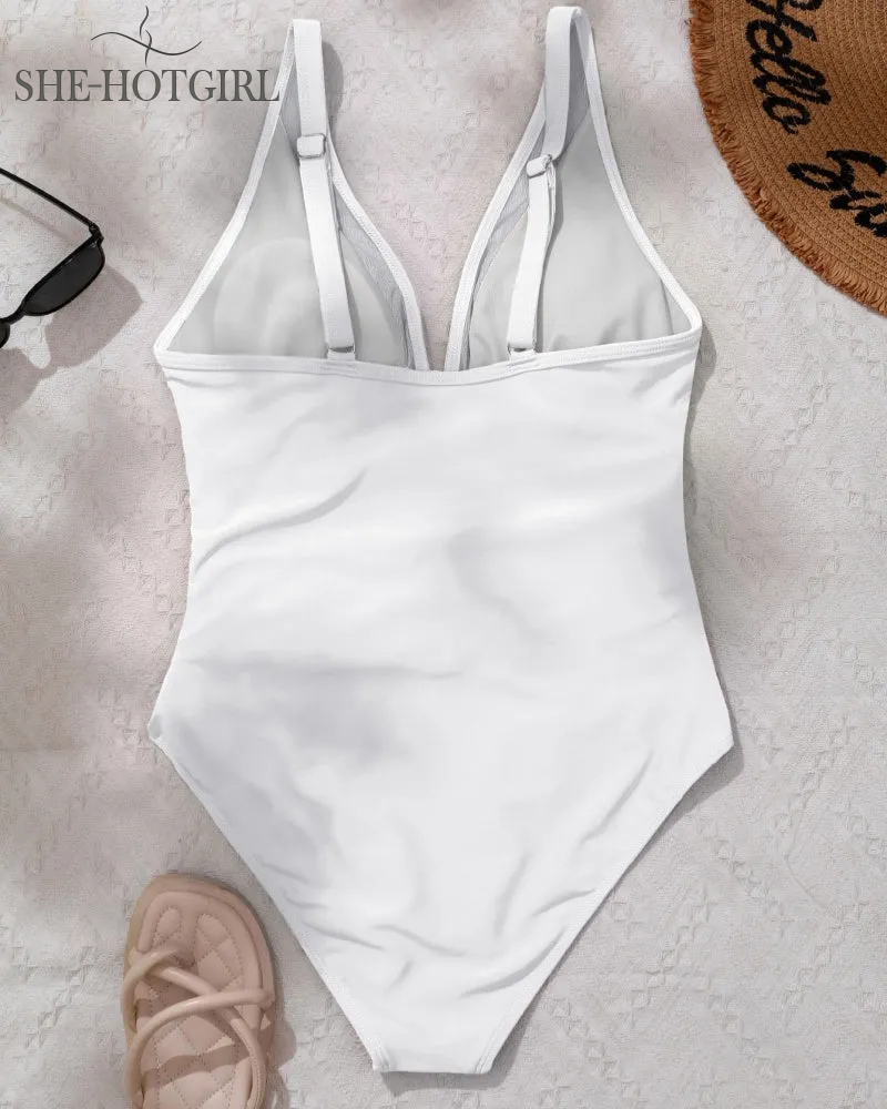 Sexy Backless One-Piece Shapewear Swimsuit Made of Mesh with Deep V Neck