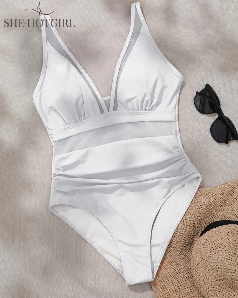 Sexy Backless One-Piece Shapewear Swimsuit Made of Mesh with Deep V Neck
