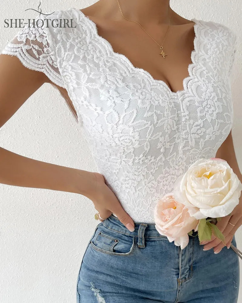 Sexy Deep V-Neck Lace Bodysuit Short Sleeves One Piece Body Shaper