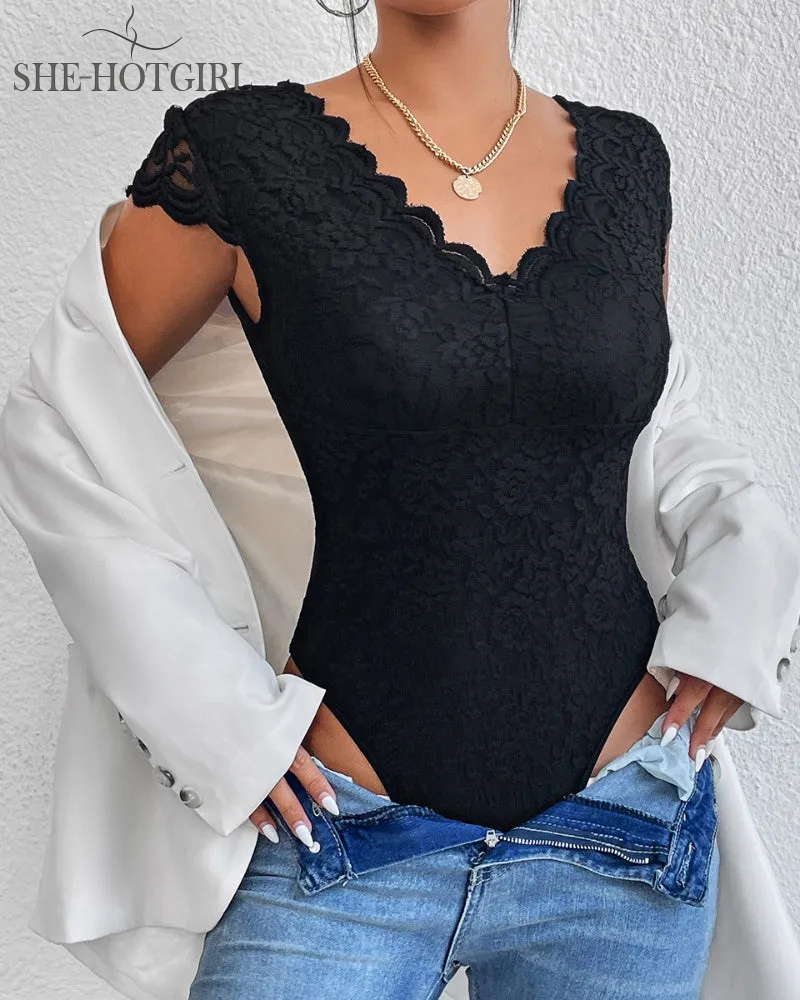Sexy Deep V-Neck Lace Bodysuit Short Sleeves One Piece Body Shaper