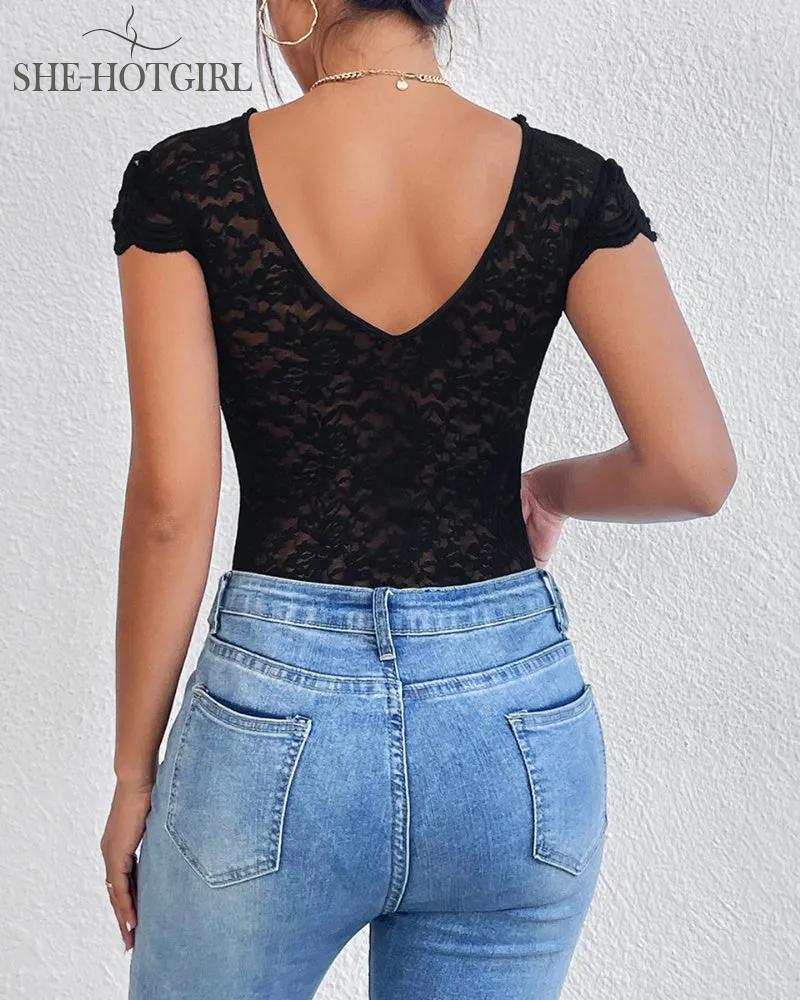 Sexy Deep V-Neck Lace Bodysuit Short Sleeves One Piece Body Shaper