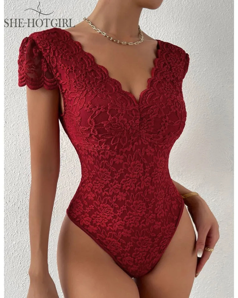 Sexy Deep V-Neck Lace Bodysuit Short Sleeves One Piece Body Shaper