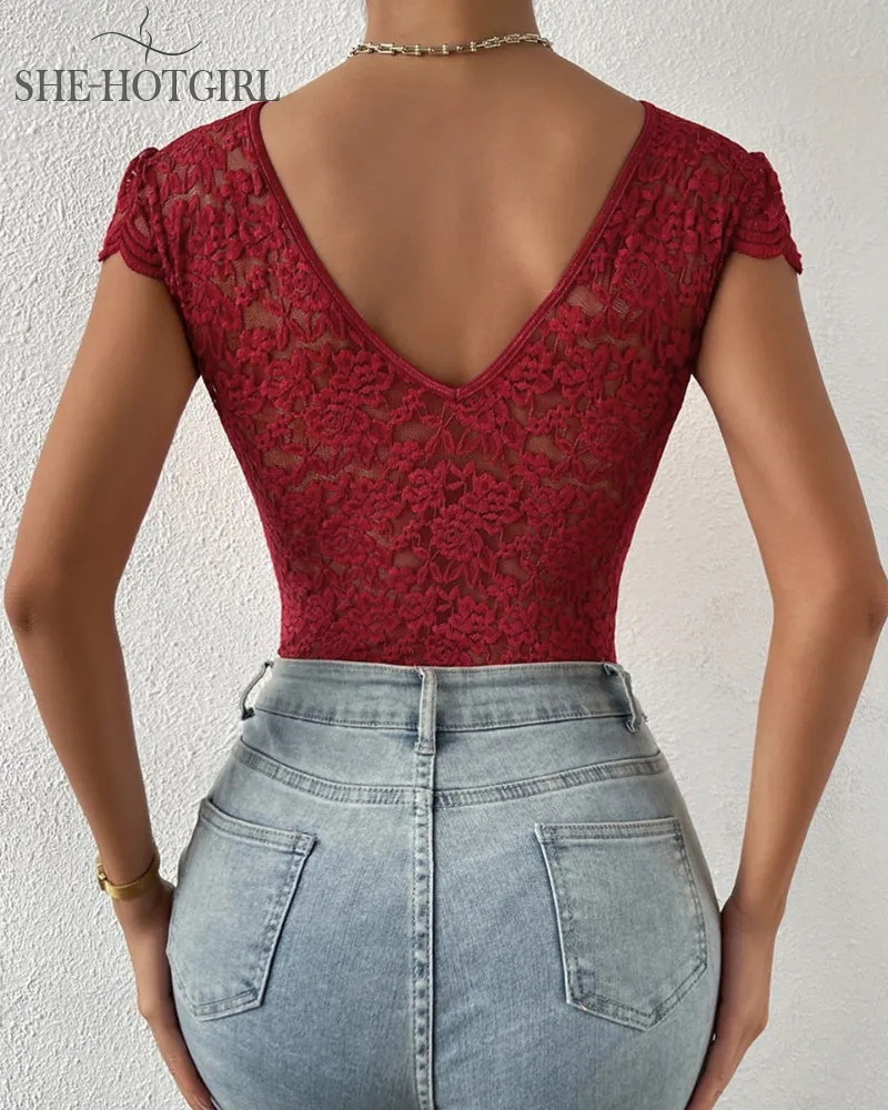 Sexy Deep V-Neck Lace Bodysuit Short Sleeves One Piece Body Shaper