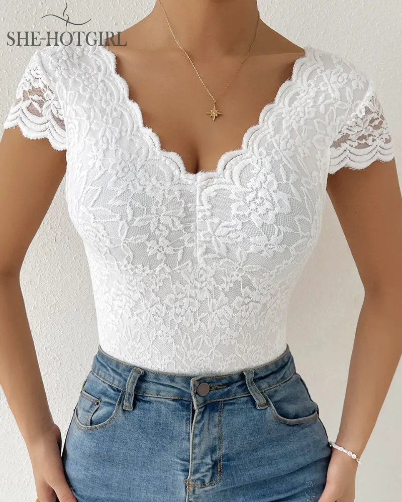 Sexy Deep V-Neck Lace Bodysuit Short Sleeves One Piece Body Shaper