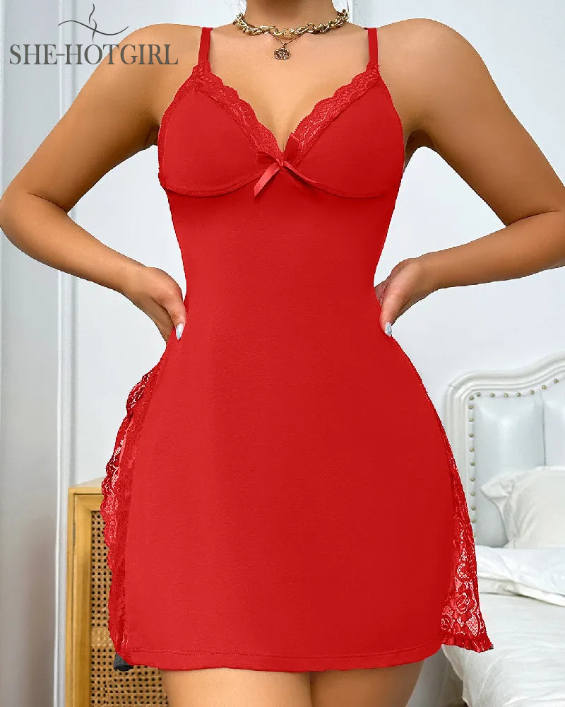 Sexy Lace Slit Lingerie Bow Shaping Cami Midi Sleep Dress