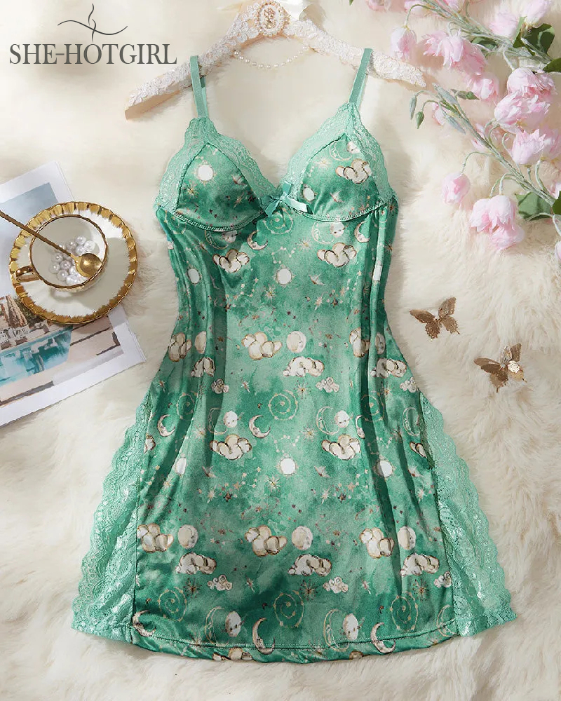 Sexy Lace Slit Lingerie Bow Shaping Cami Midi Sleep Dress