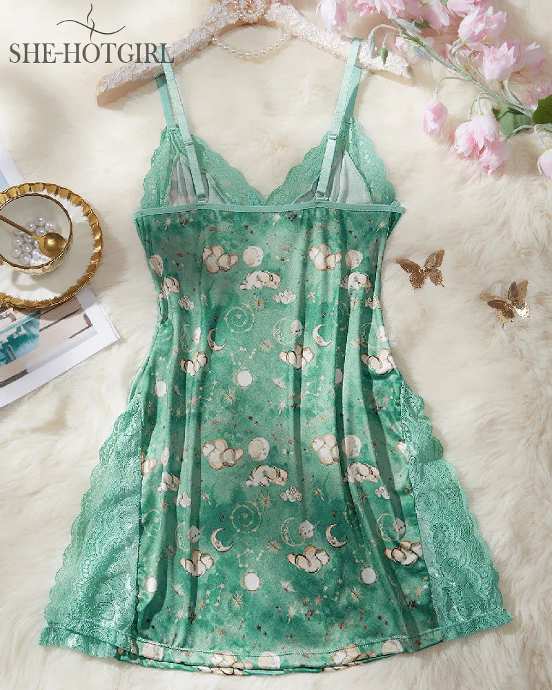 Sexy Lace Slit Lingerie Bow Shaping Cami Midi Sleep Dress