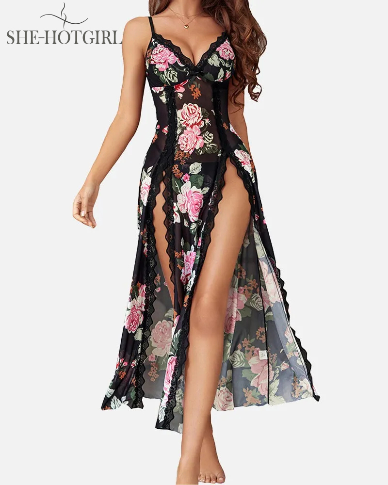 Sexy Mesh V-Neck Side Slit Lace Trim Nightdress Lingerie