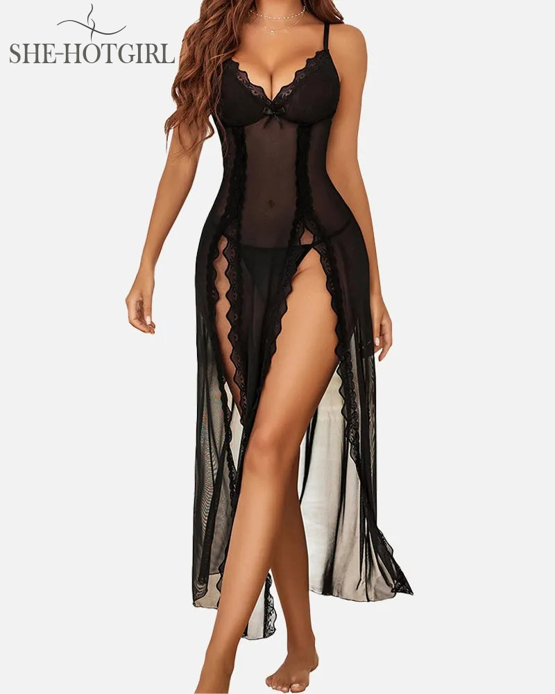 Sexy Mesh V-Neck Side Slit Lace Trim Nightdress Lingerie