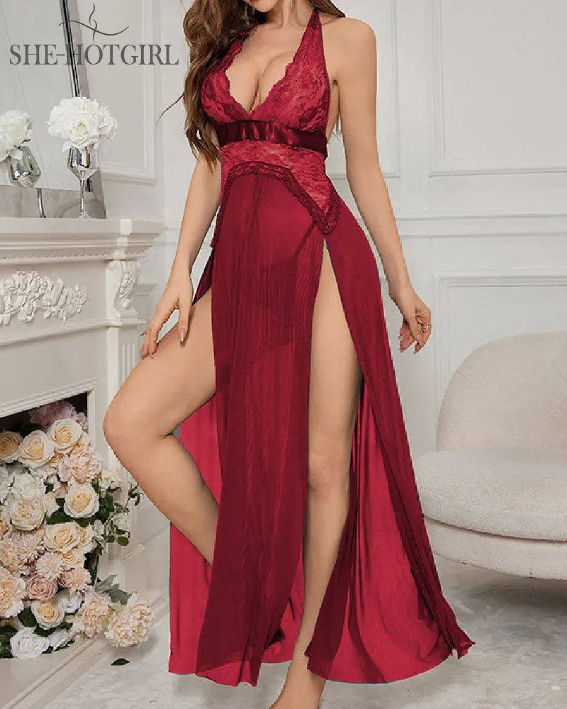 Sexy Transparent Halter Slit Lingerie Backless Lace Long Nightdress