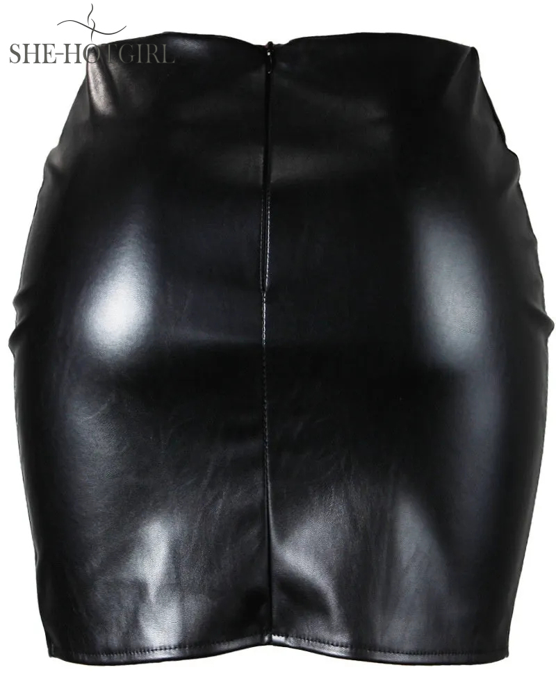 Sexy short PU leather skirt with high waist and hip slit and zipper