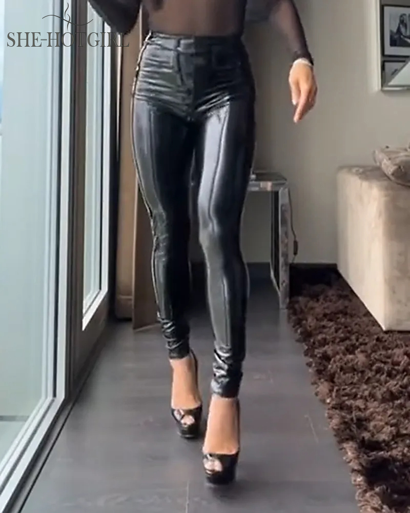 Shiny leather high waisted zip up leggings for curvy women