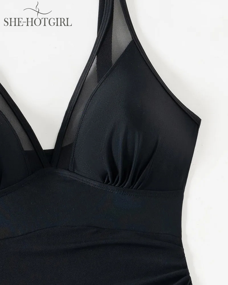 Slim backless shapewear swimsuit made of mesh with deep V neck and drawstring