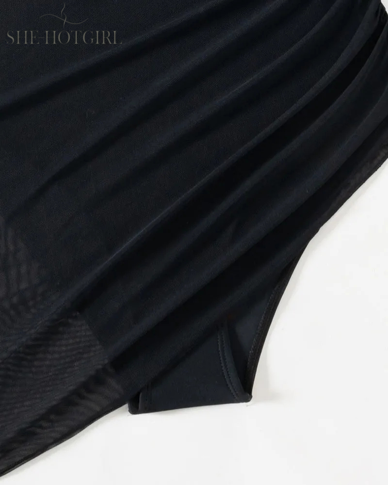 Slim backless shapewear swimsuit made of mesh with deep V neck and drawstring