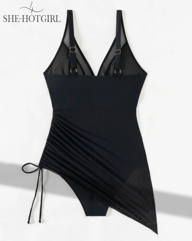 Slim backless shapewear swimsuit made of mesh with deep V neck and drawstring